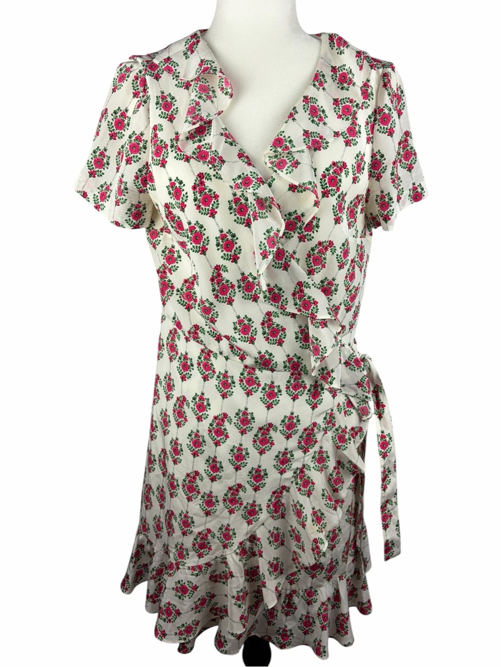 Club Monaco 100% Silk Floral Wrap Ruffle Dress Size 10 Pink Green